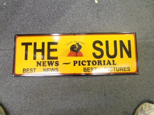 THE SUN LATER ERA NEWSPAPER ENAMEL HEAVY METAL SIGN