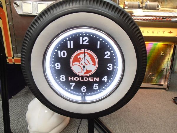 Holden White Wall Tyre Clock Neon